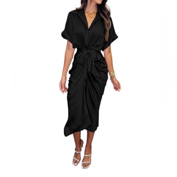 NEW / BTFBM (Amazon), Satin Ruched Shirt Dress, 2XL (Fits Smaller), Black - Picture 2 of 12